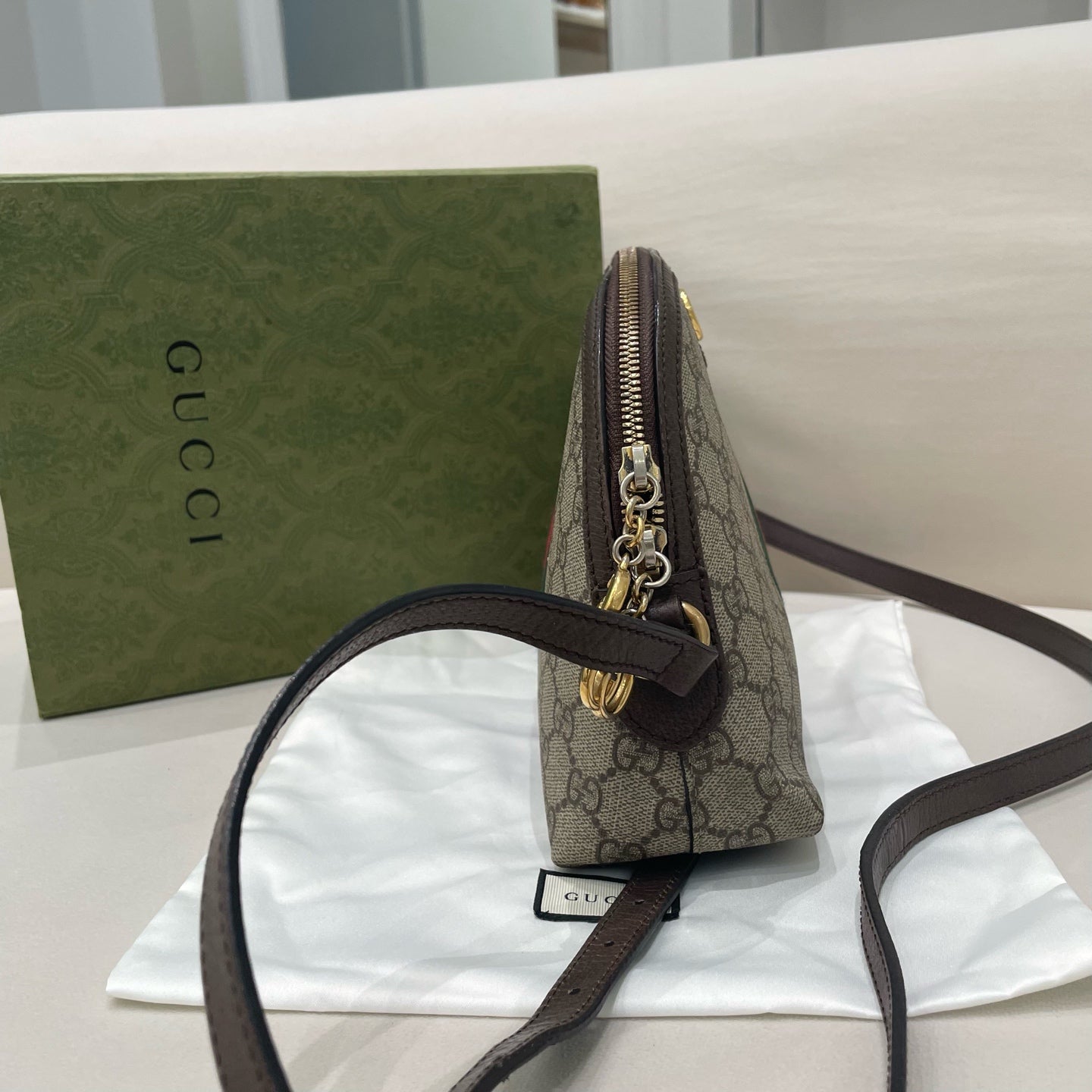 Gucci - Ophidia GG Small Shoulder Bag - GG Supreme canvas with leather trim - Beige and Ebony with Brown trim - (small)
