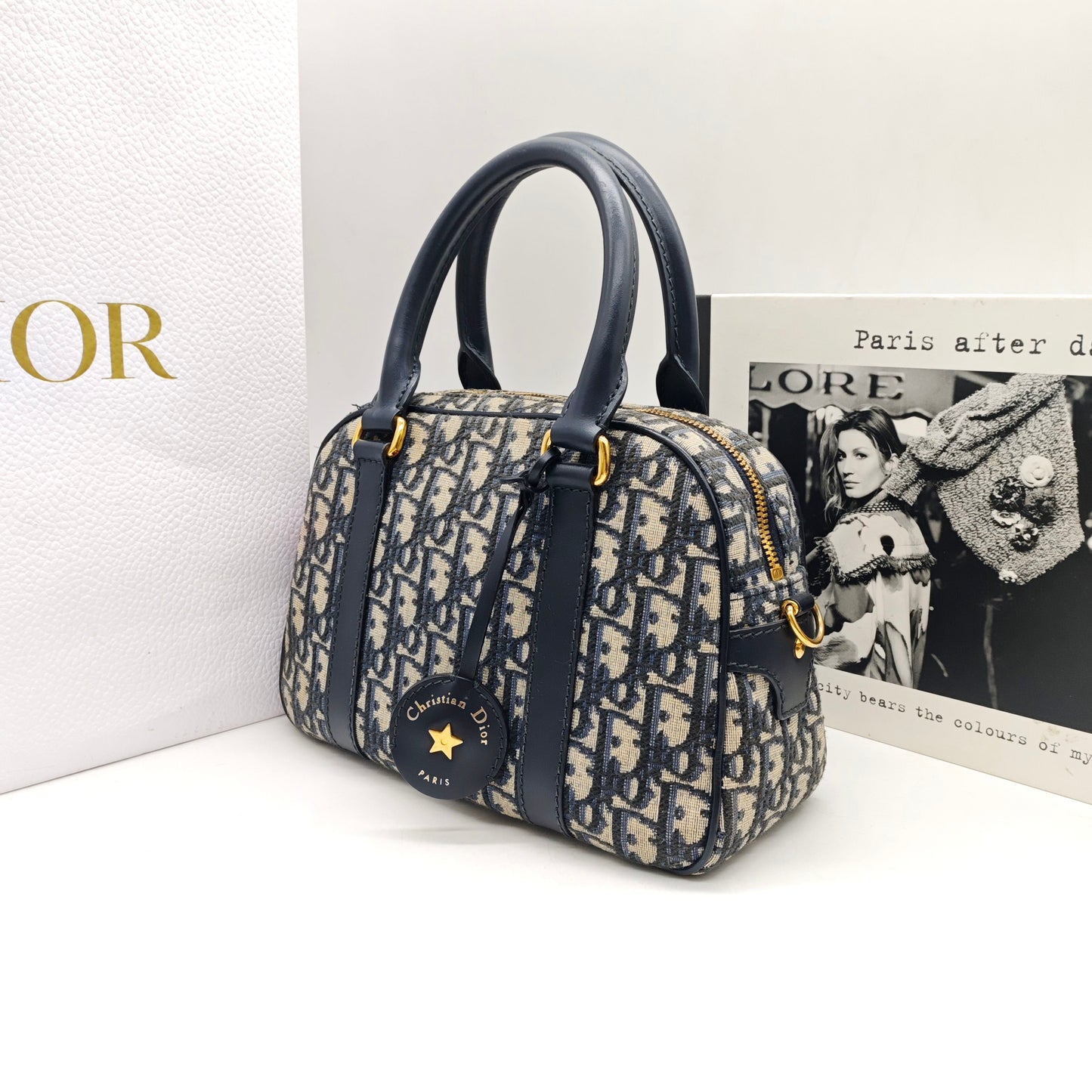 Dior - Dior Oblique Embroidered Bowling Bag - Cloth - Navy - (medium)
