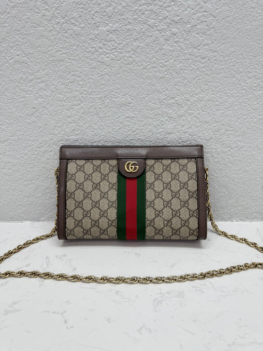 Gucci - Ophidia Chain Bag Small - GG Supreme canvas and Leather - Beige and Brown with Green and Red Stripe - (small)