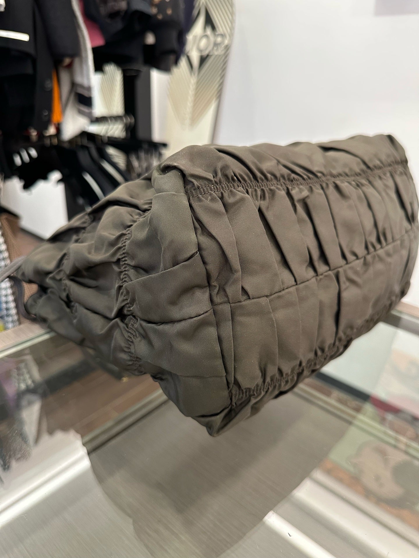 Prada - Gaufré Pleated Tote Bag - Polyamide with Leather trim - Military Green with Gold-Tone Hardware - (medium)