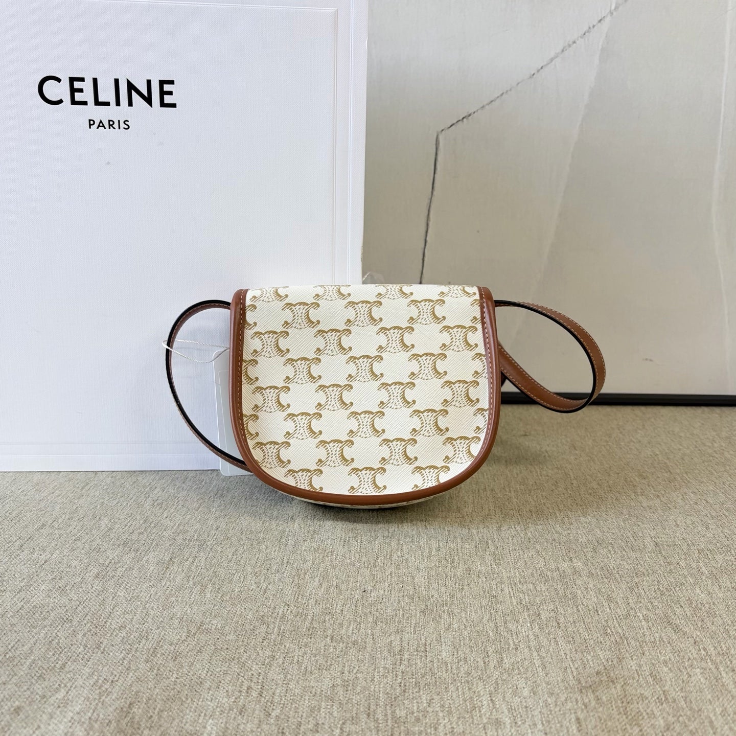 Celine - Triomphe Mini Saddle Bag - Coated canvas with leather trim - Beige and Brown - (mini)