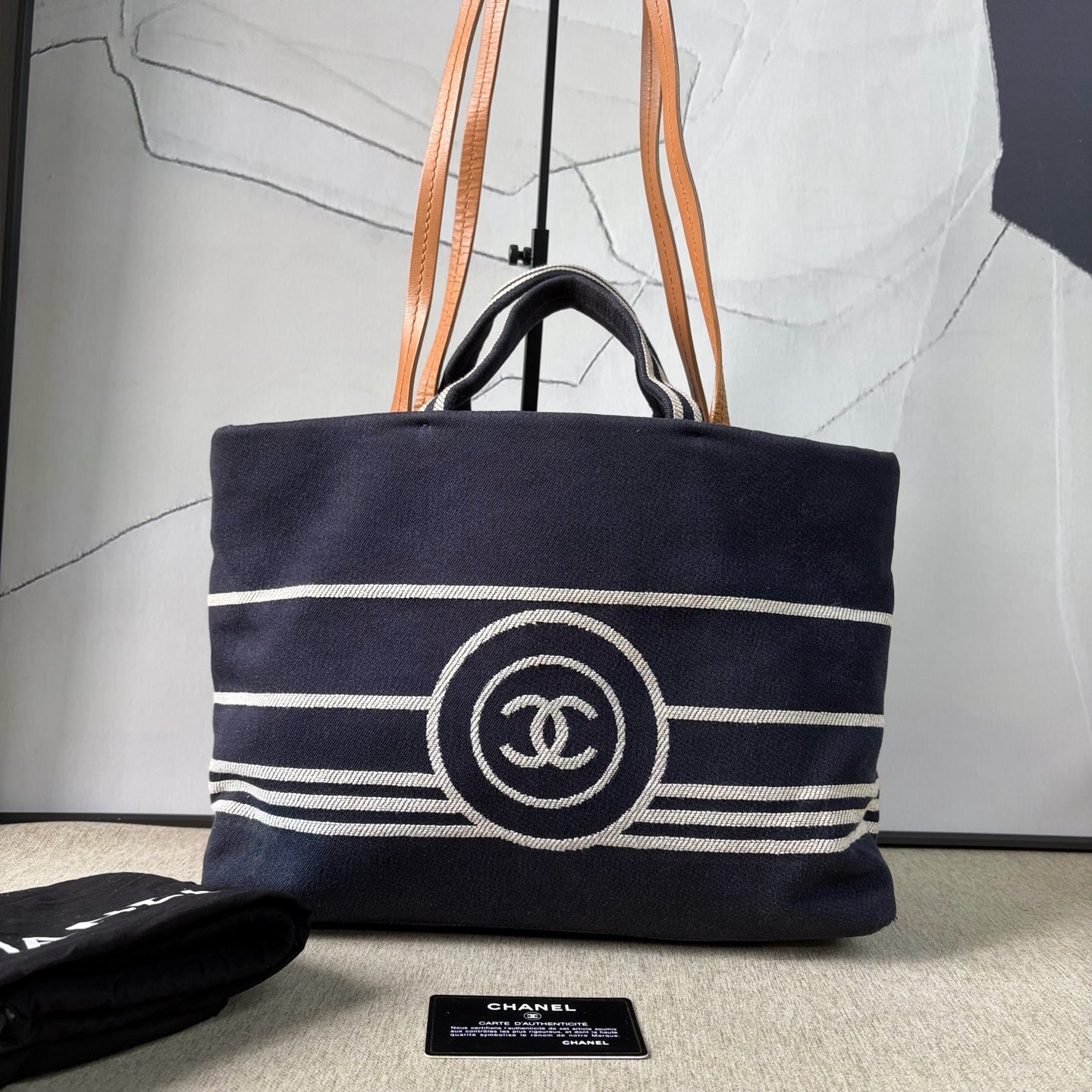 Chanel - Beach Tote - Canvas with Leather trim - Navy with Brown handles - (Medium)