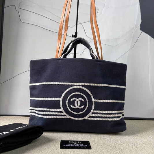 Chanel - Beach Tote - Canvas with Leather trim - Navy with Brown handles - (Medium)