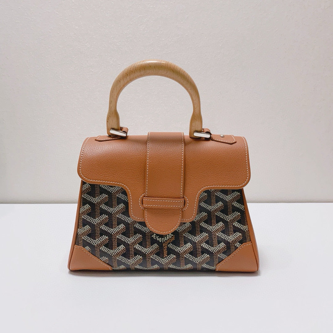 Goyard - Saïgon Mini Souple - Goyardine canvas with leather trim and wooden handle - Caramel and Brown - (mini)