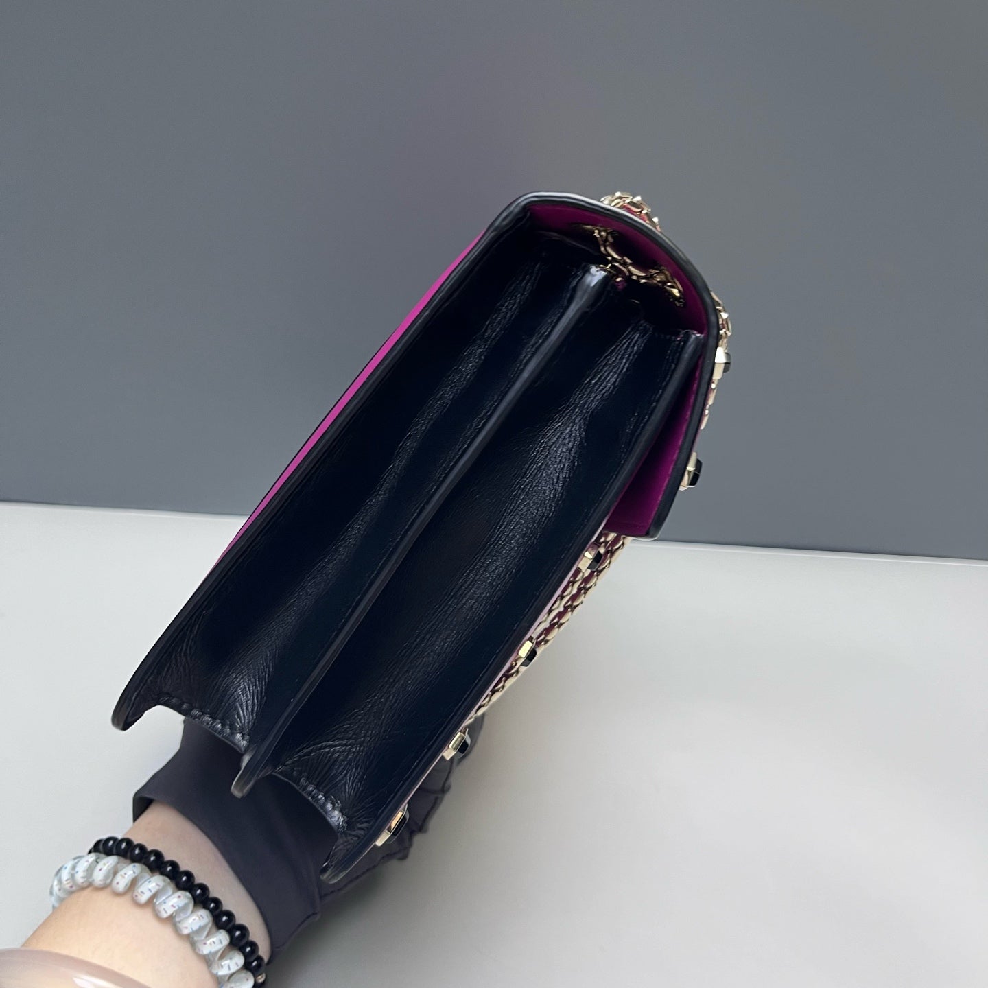 Bvlgari - Serpenti Forever Flap Bag with Studs - Smooth calf leather - Vibrant Magenta with Black Accents and Gold-Tone Hardware - (Medium)