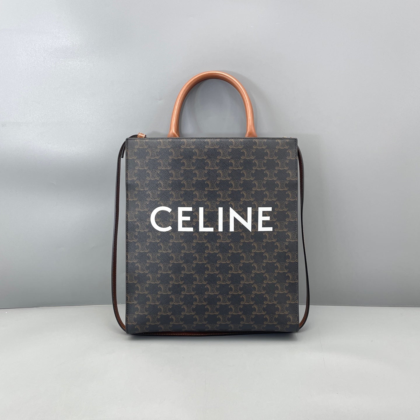 Celine - Small Vertical Cabas Triomphe Canvas with Celine Print - Coated canvas with leather trim - Brown - (small)