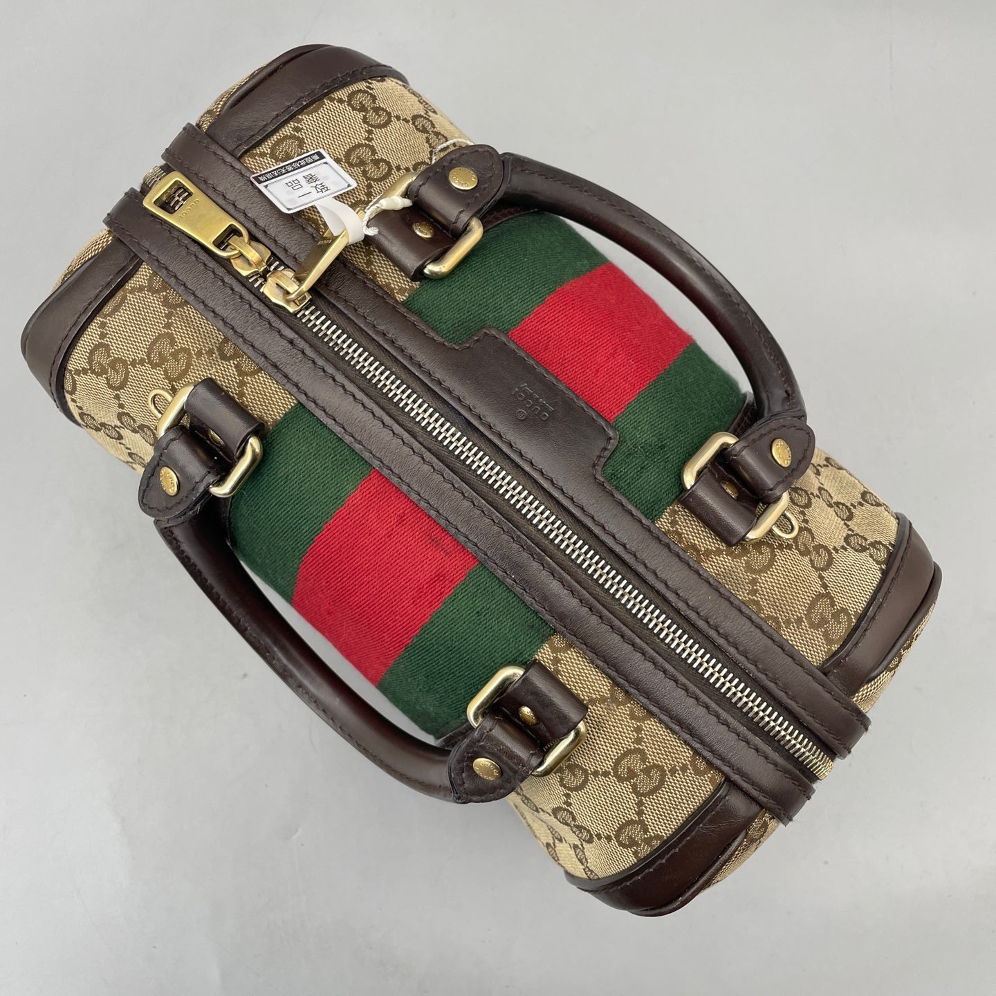 Gucci - Boston Bag - GG Monogram Coated Canvas with Leather Trim - Beige and Brown with Red and Green Accents - (small)