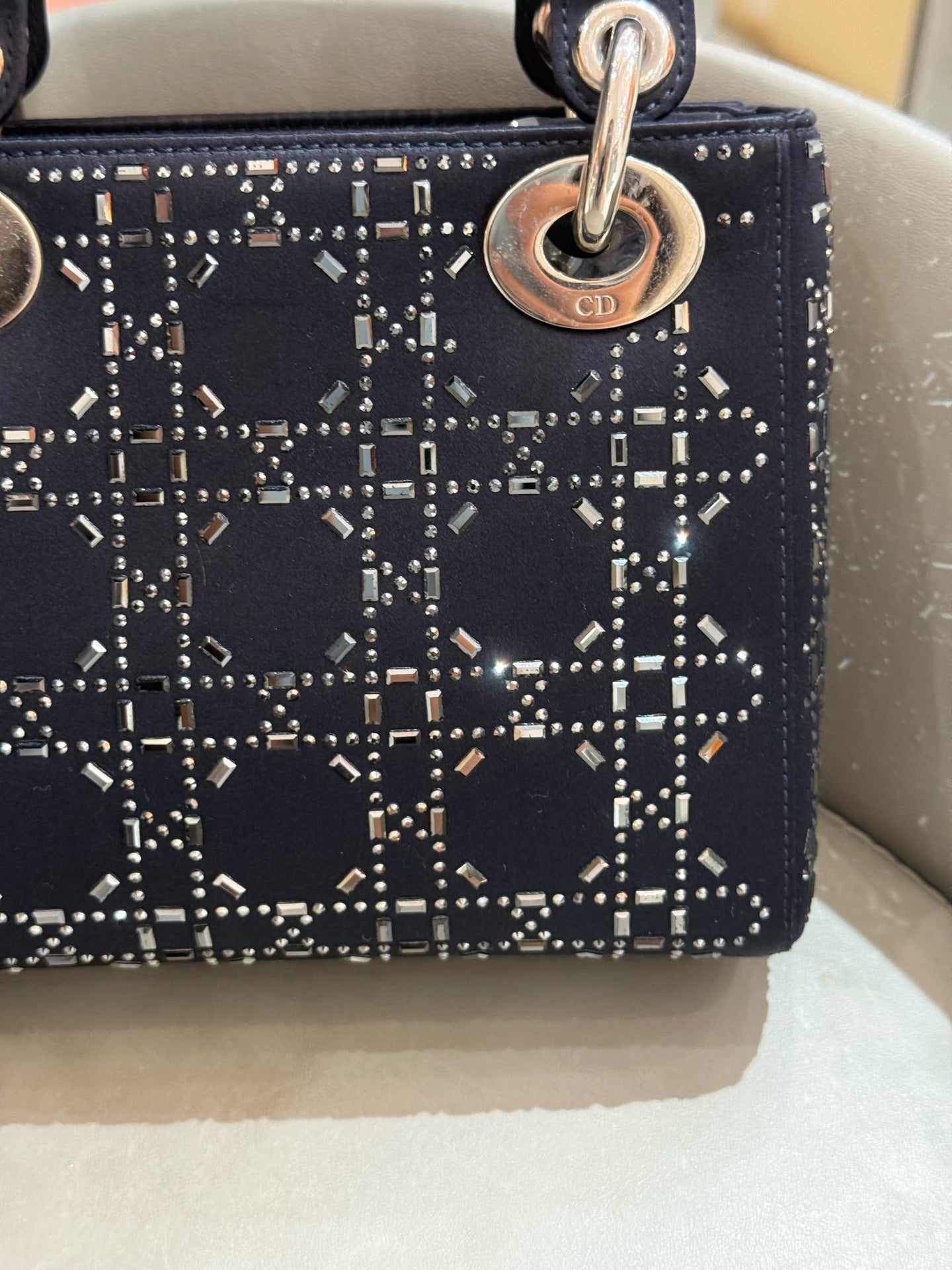 Dior - Lady Dior Mini - Satin with Crystal Embellishments - Navy Blue - (mini)