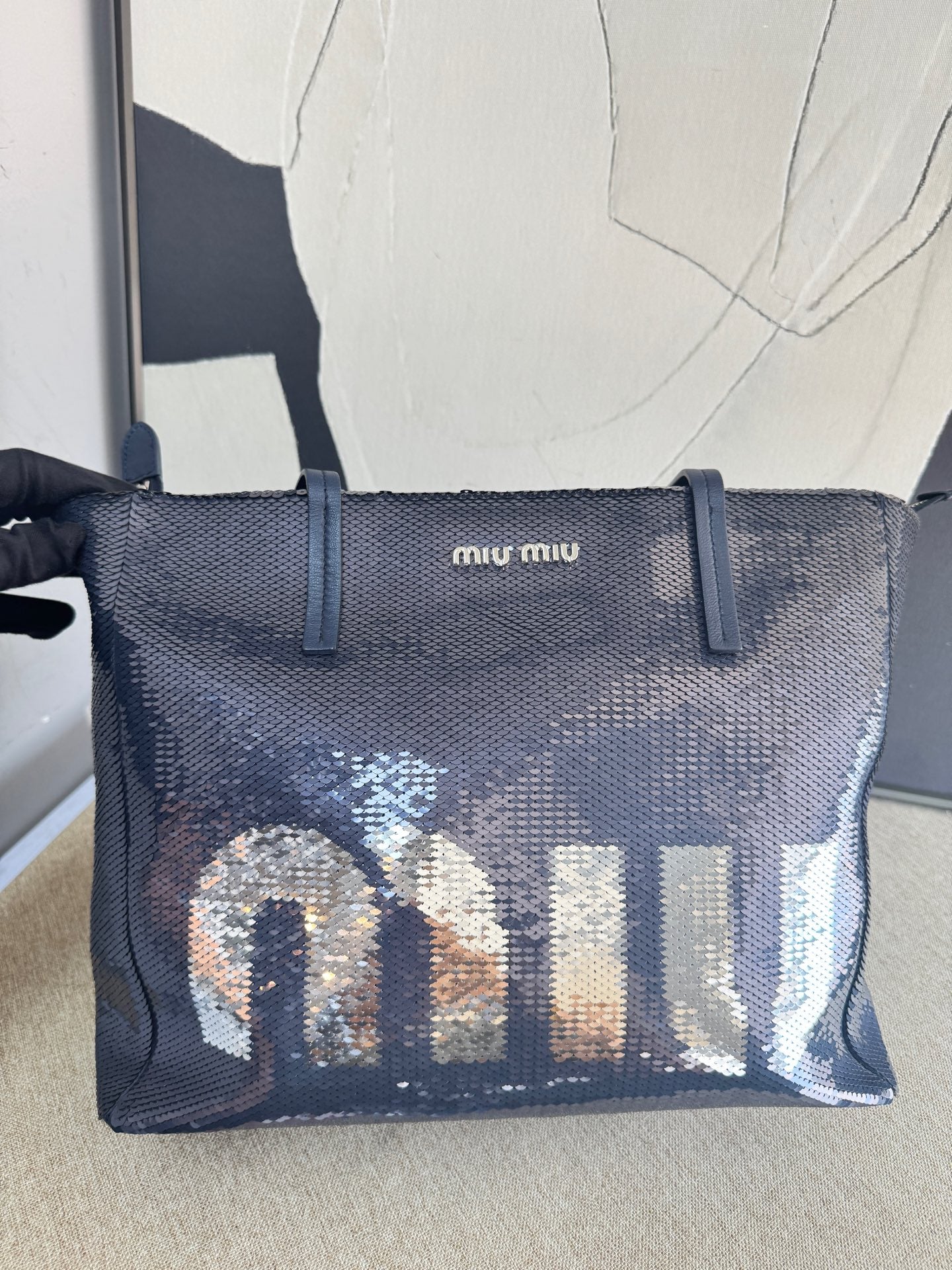 Miu Miu - 5BG147 Sequin Tote - Sequins on fabric with leather trim - Dark Blue - (medium)
