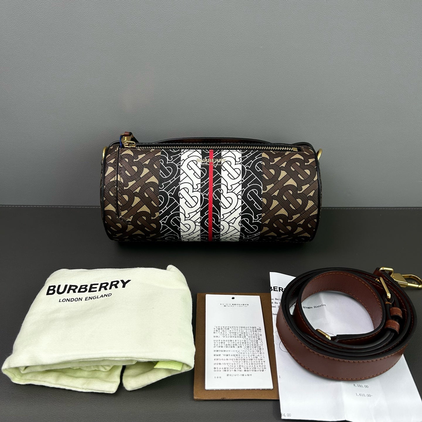 Burberry - TB Monogram Cylinder Bag - Coated Canvas with Leather Trim - Brown, Black, White, Red - (small)