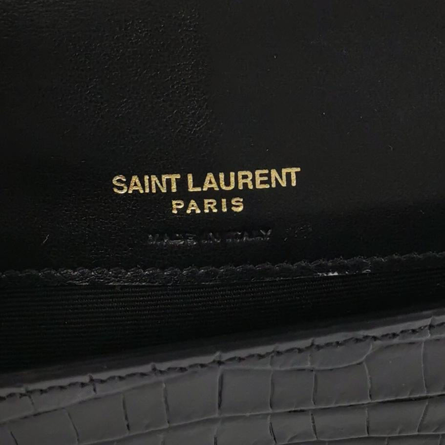 Saint Laurent - Monogram Wallet on Chain (WOC) - Calfskin leather with crocodile embossing - Black with Gold-Tone Hardware - (Mini)