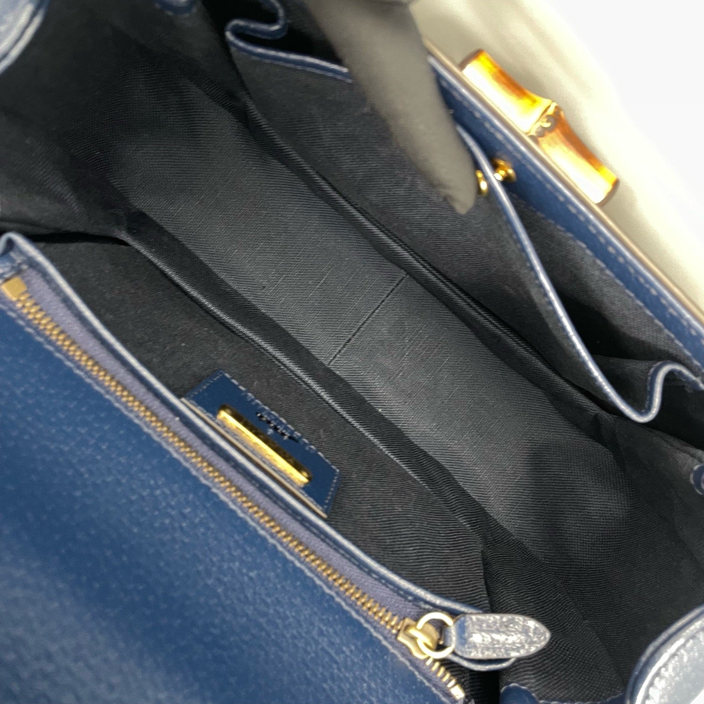 Gucci - 100th Anniversary Limited Edition Bamboo Bag - Canvas with Leather Trim and Bamboo Handle - Multicolour with Navy Trim - (medium)