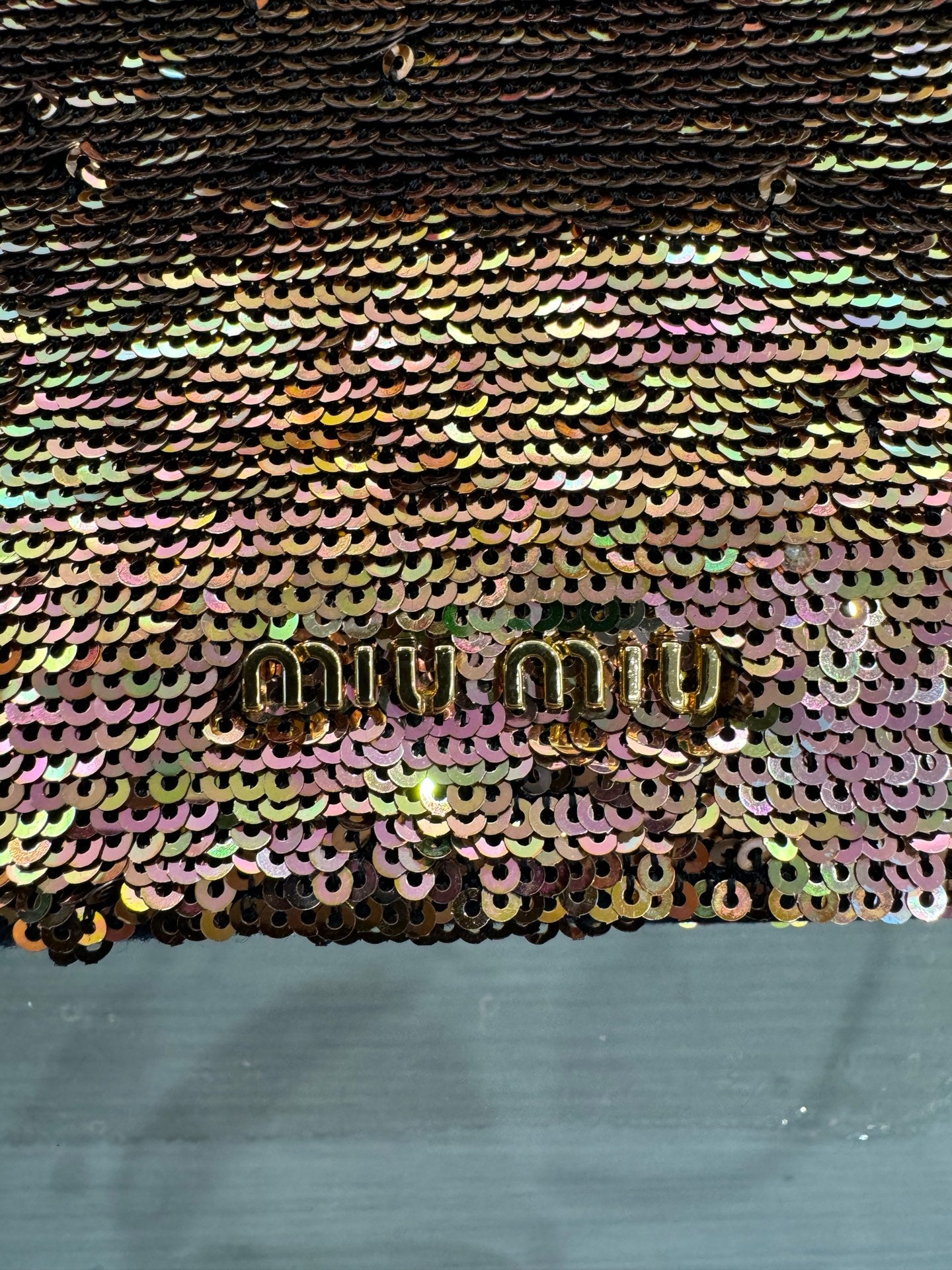 Miu Miu - Sequined Runway Shoulder Bag with Gemstone Clasp - Sequins on textile with leather trim and gold-tone metal frame - Multicolour (predominantly pink and gold iridescent sequins) - (mini)