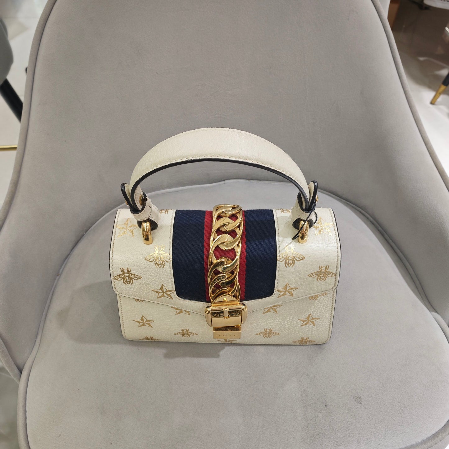 Gucci - Sylvie Small Bee and Star - Grained leather - White - (small)