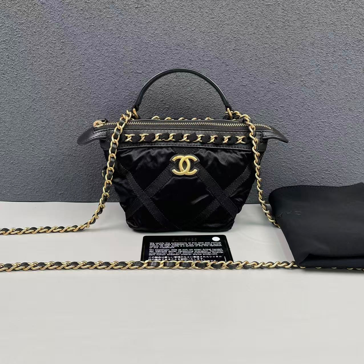 Chanel - Mini Top Handle Crossbody Pouch Bag - Satin with leather trim - Black with Gold-Tone Hardware - (Mini)