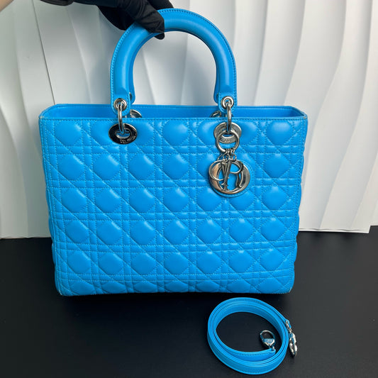 Dior - Lady Dior - Lambskin leather - Blue with Silver-Tone Hardware - (Large)