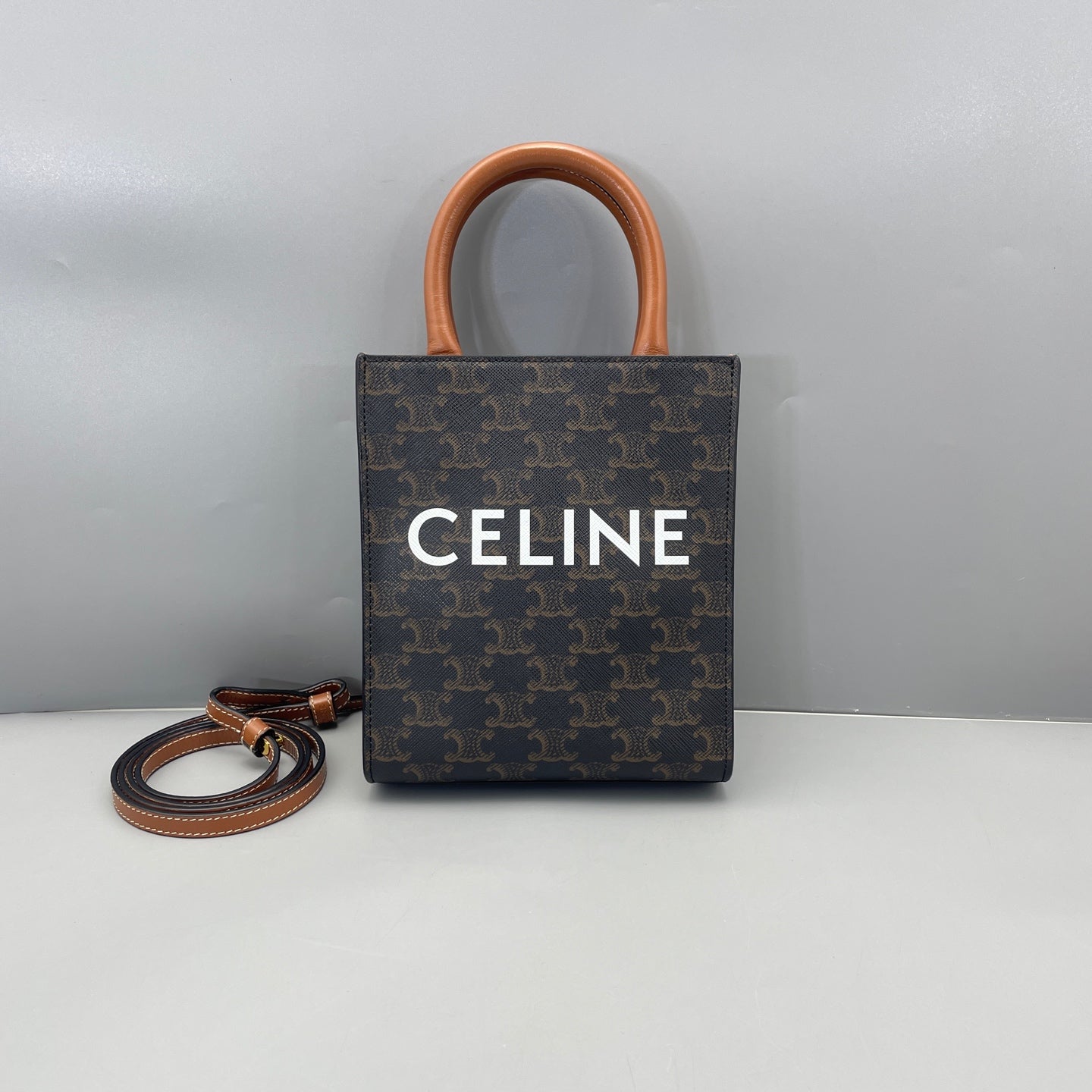 Celine - Mini Vertical Cabas Triomphe - Triomphe coated canvas with calfskin leather trim and handles - Brown - (mini)
