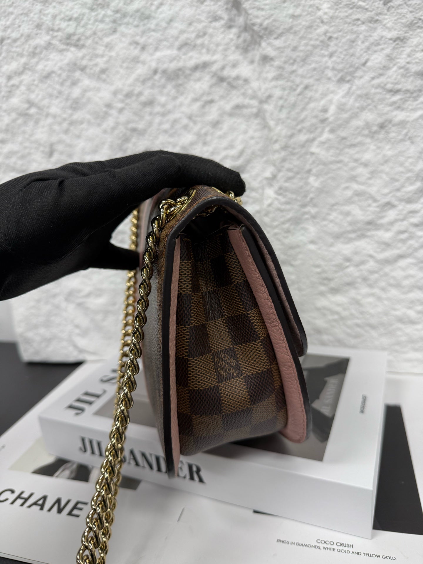 Louis Vuitton - Damier Ebene Pink Saddle Chain Bag - Coated canvas with grained leather trim - Brown and Pink with Gold-Tone Hardware - (Mini)