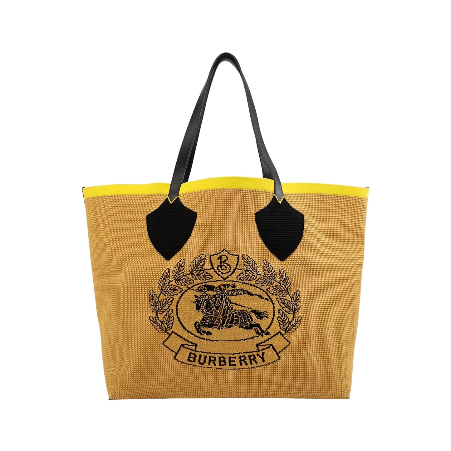 Burberry - Woven Logo and Check Tote Bag - Woven textile and leather - Mustard Yellow, Black, Yellow, Red, and White - (Large)