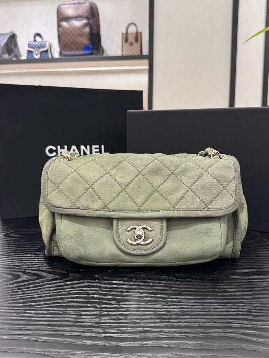 Chanel - Classic Flap Bag - Aged calfskin leather - Muted Sage Green with Silver-Tone Hardware - (small)