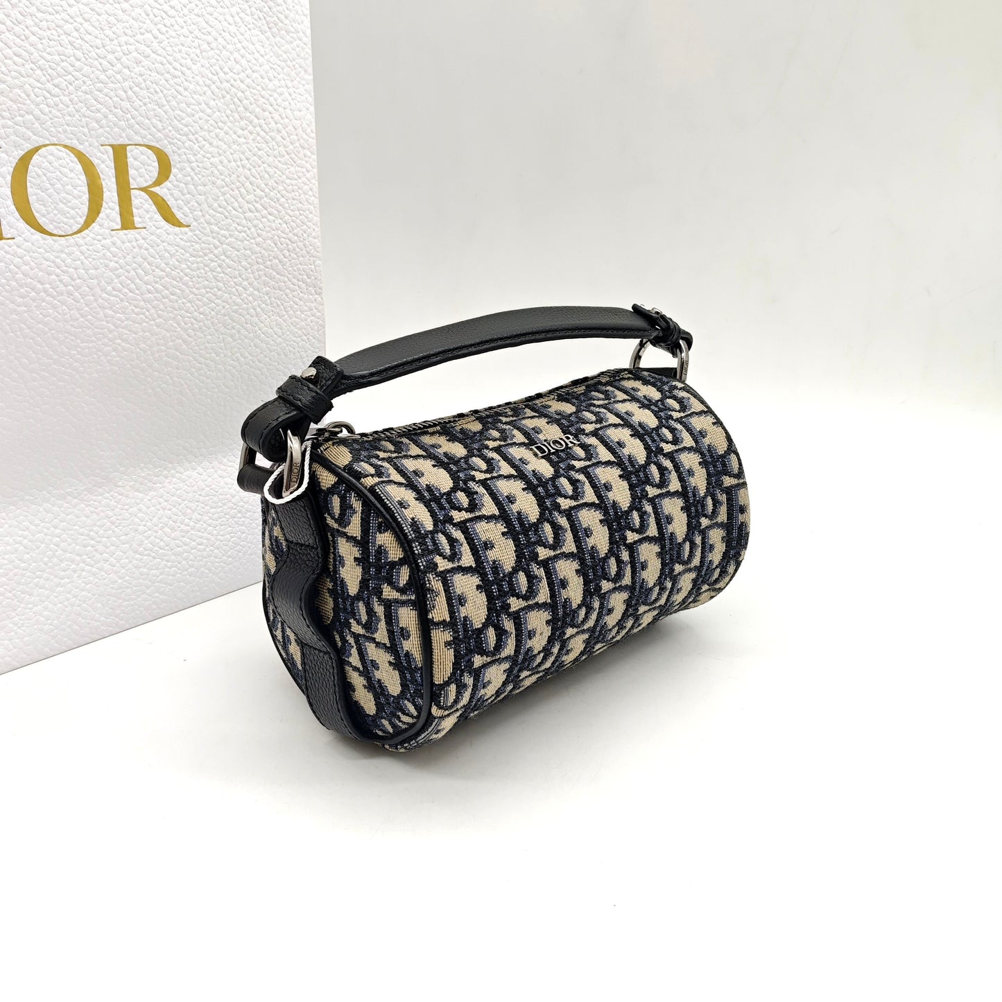 Dior - Mini Oblique Messenger Cylinder Bag - Embroidered canvas with leather trim - Beige and Blue - (mini)
