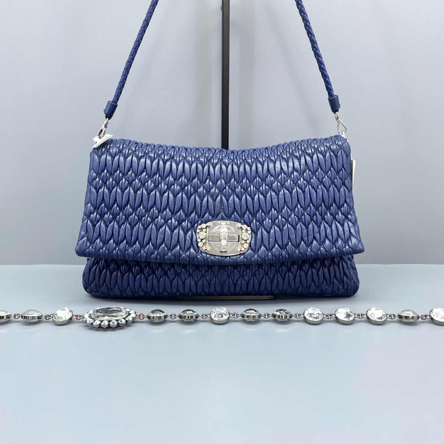 Miu Miu - Matelassé-style Flap Shoulder Bag with Jeweled Clasp - Leather - Blue - (Medium)