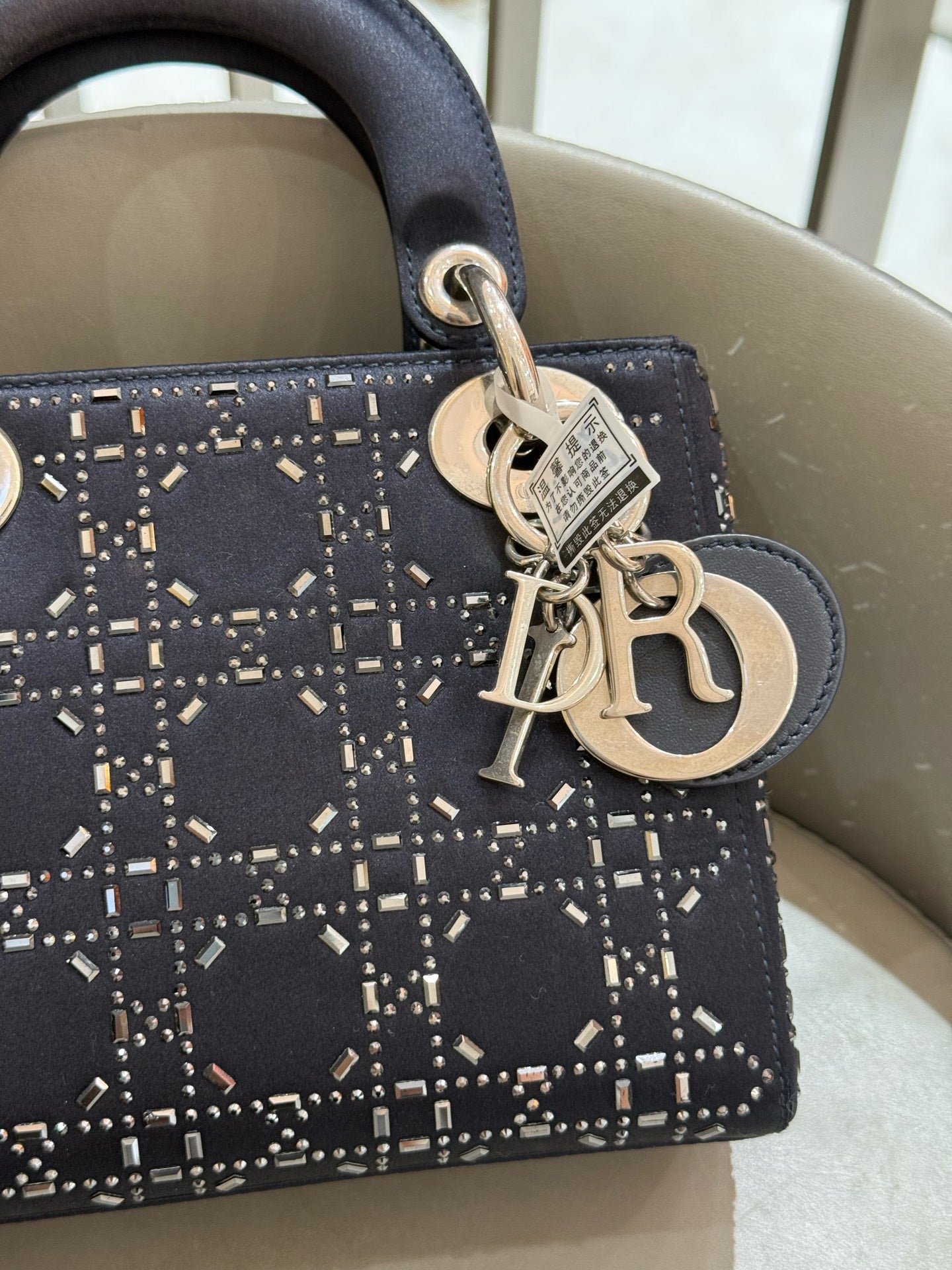 Dior - Lady Dior Mini - Satin with Crystal Embellishments - Navy Blue - (mini)