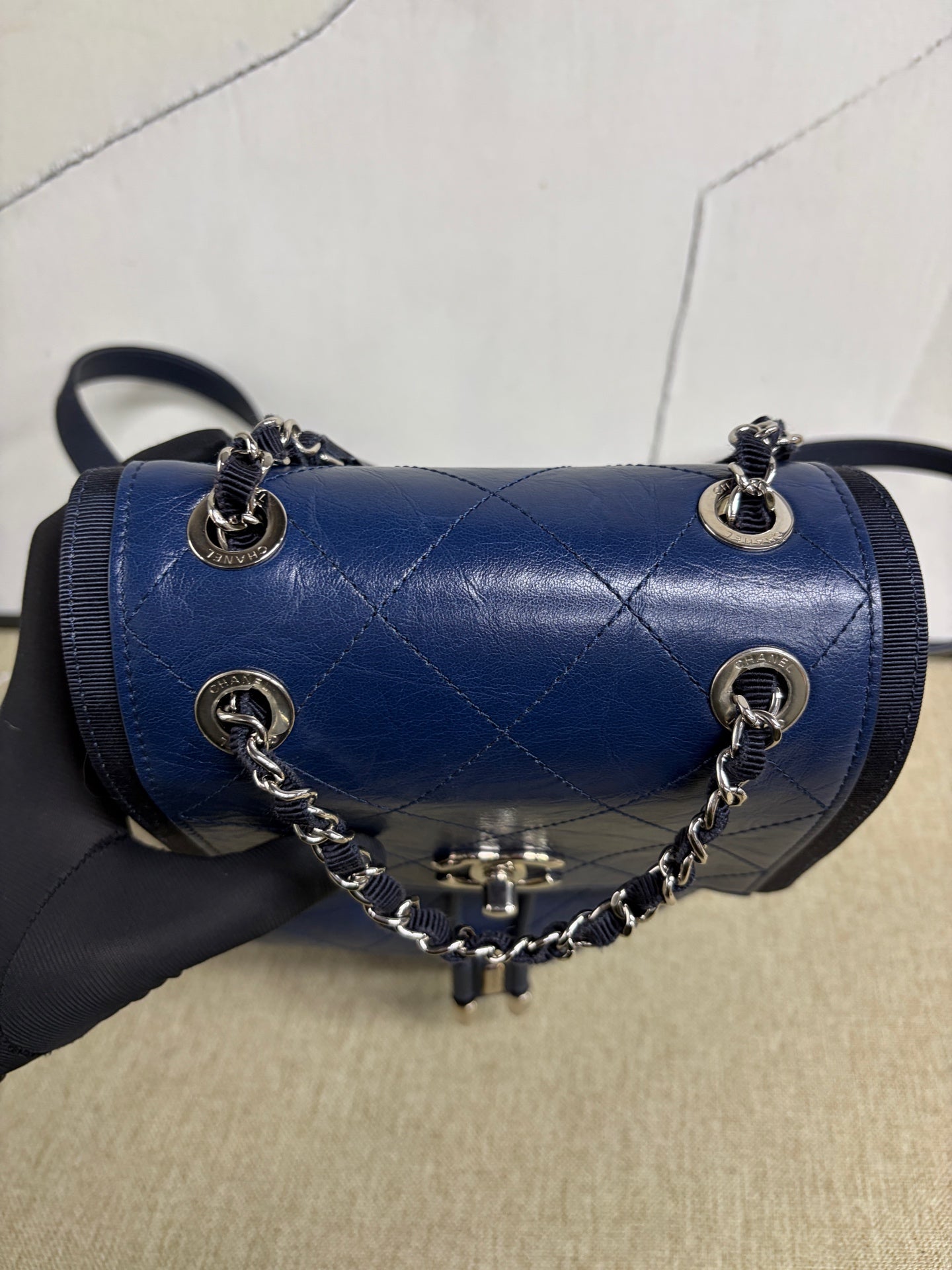 Chanel - Quilted Drawstring Backpack - Waxed calfskin leather - Blue - (Small)