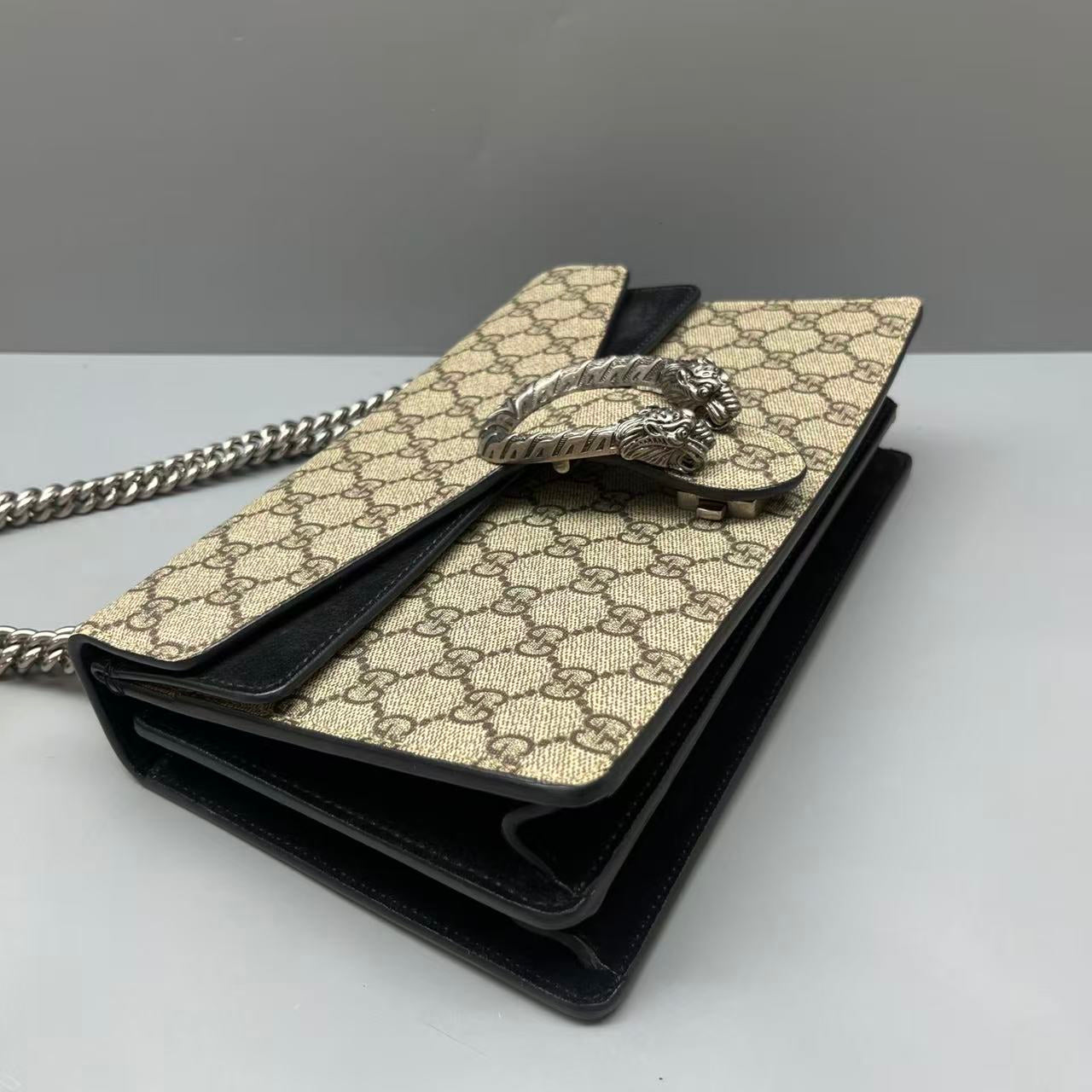 Gucci - Dionysus Shoulder Bag - GG Supreme coated canvas with black leather trim and suede lining - Beige - (medium)