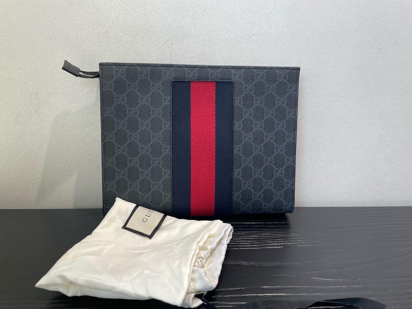 Gucci - GG Supreme Web Stripe Pouch - Coated canvas with leather trim and textile Web stripe - Grey with Red and Blue accents - (Medium)