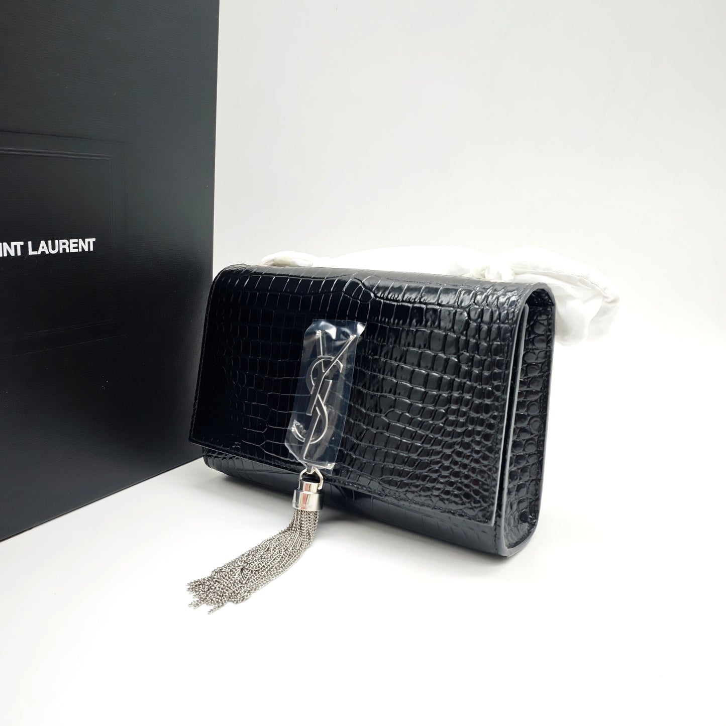 Saint Laurent - Kate Small Chain Bag with Tassel - Calfskin leather with crocodile embossing - Black - (small)