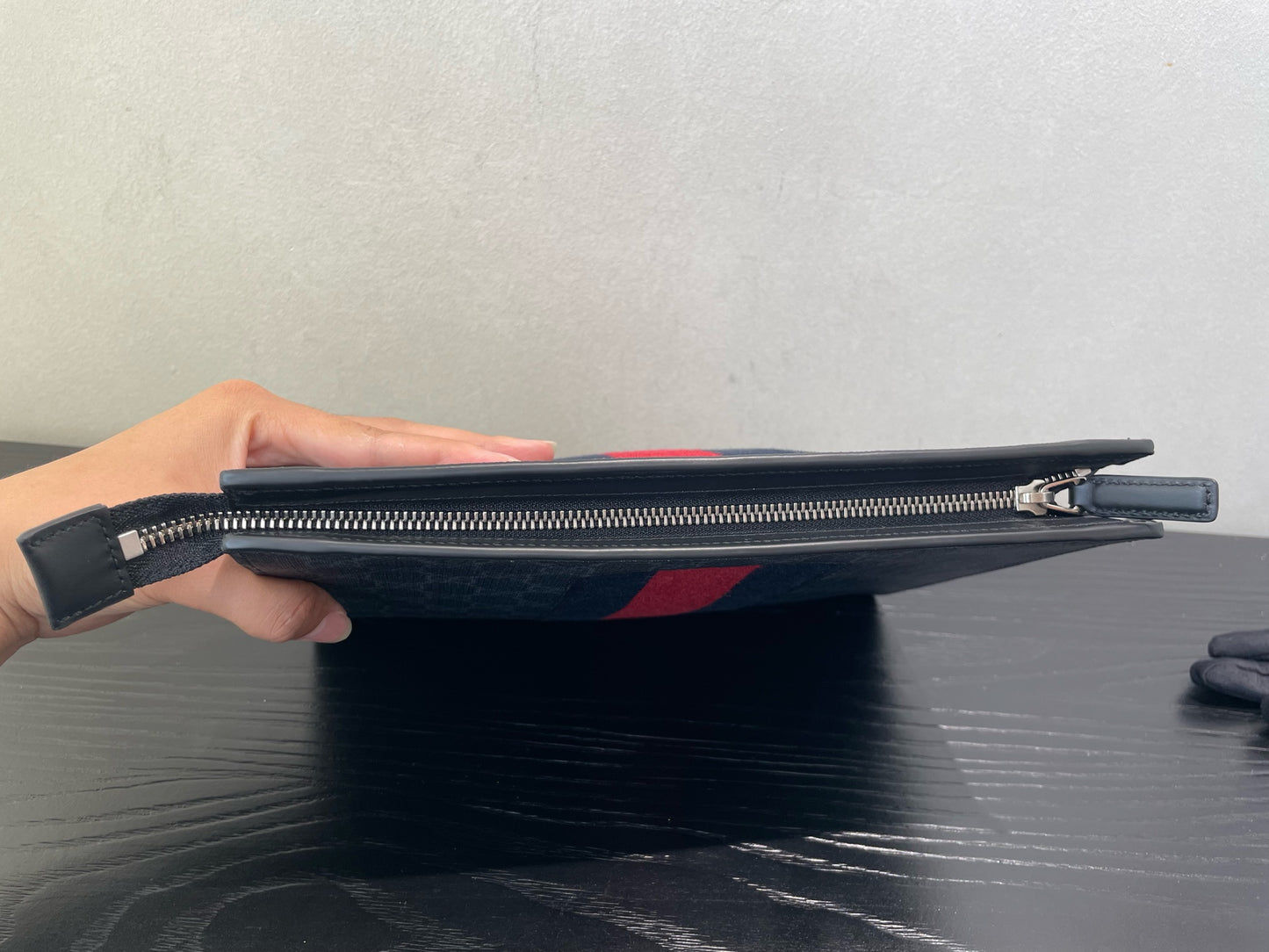 Gucci - GG Supreme Web Stripe Pouch - Coated canvas with leather trim and textile Web stripe - Grey with Red and Blue accents - (Medium)