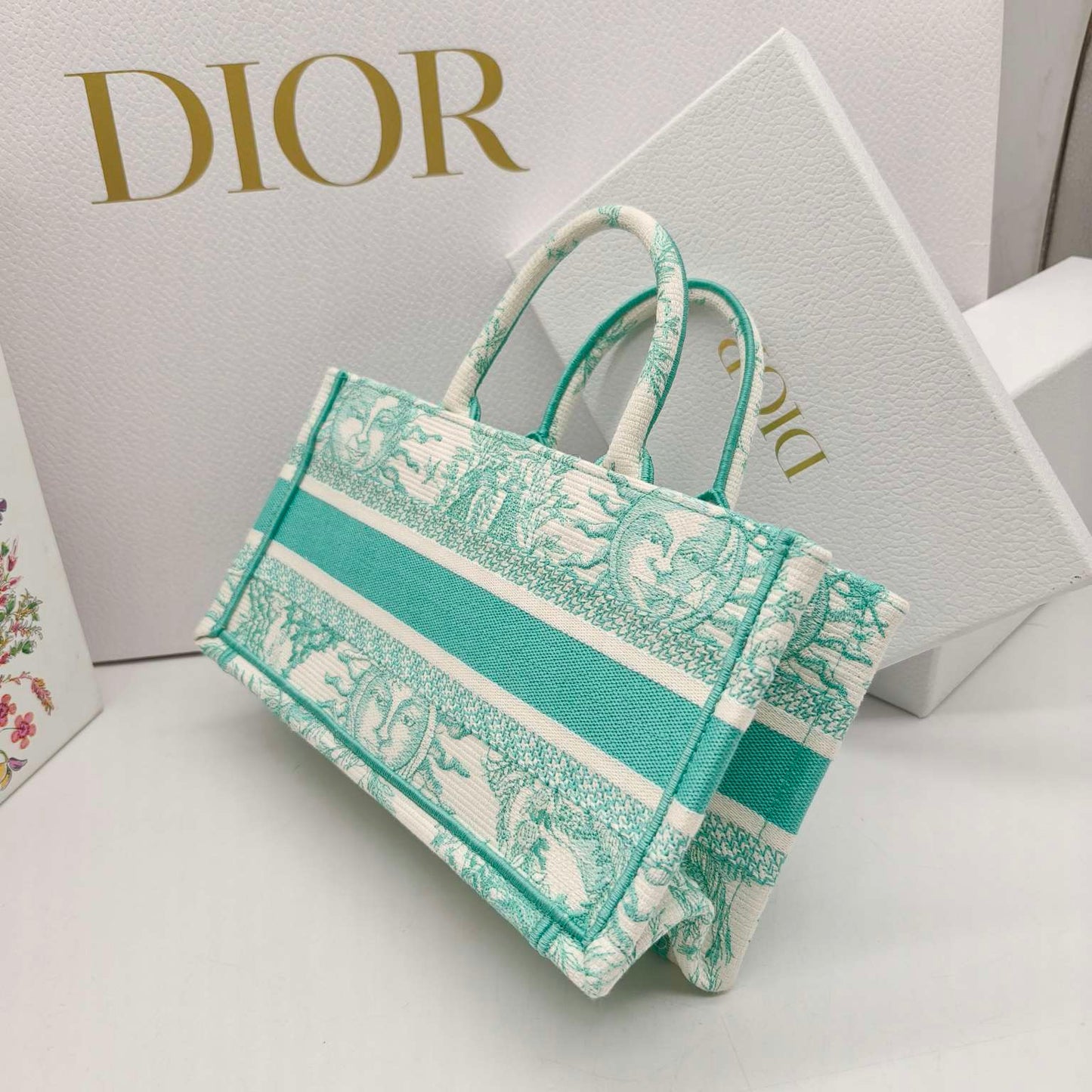 Dior - Dioriviera East West Book Tote - Embroidered canvas - Mint Green and Ecru - (Mini)
