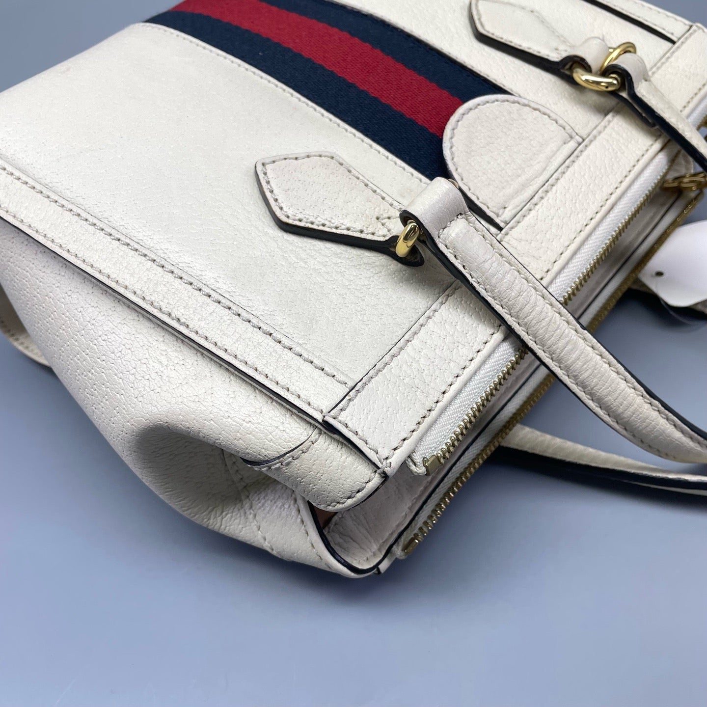 Gucci - Ophidia Small Tote Bag - Grained leather - White with Red and Blue Web stripe - (Small)