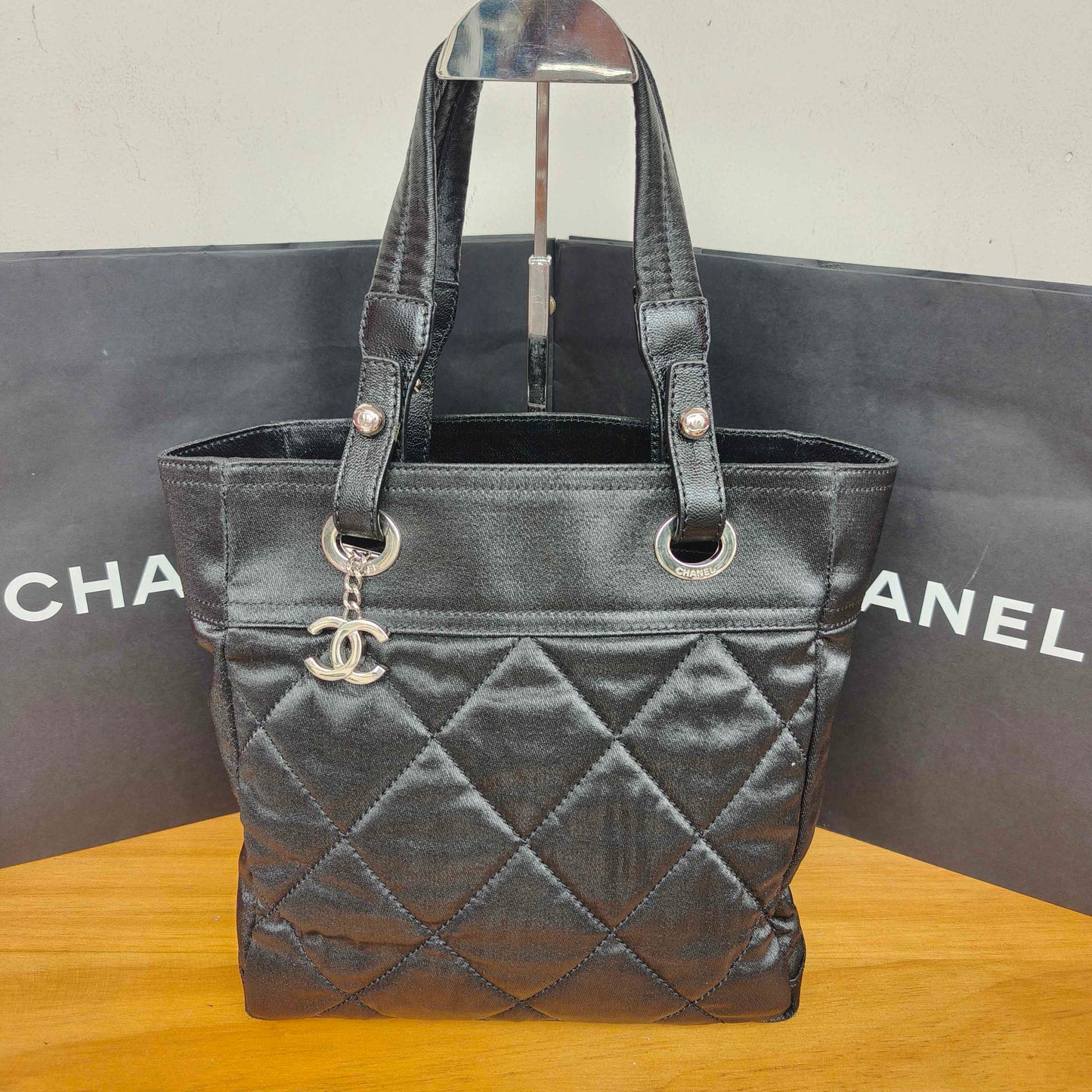 Chanel - Quilted Goatskin and Coated Canvas Tote Bag - Goatskin leather and coated canvas - Black with Silver-Tone Hardware - (Medium)