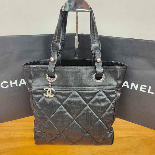 Chanel - Quilted Goatskin and Coated Canvas Tote Bag - Goatskin leather and coated canvas - Black with Silver-Tone Hardware - (Medium)