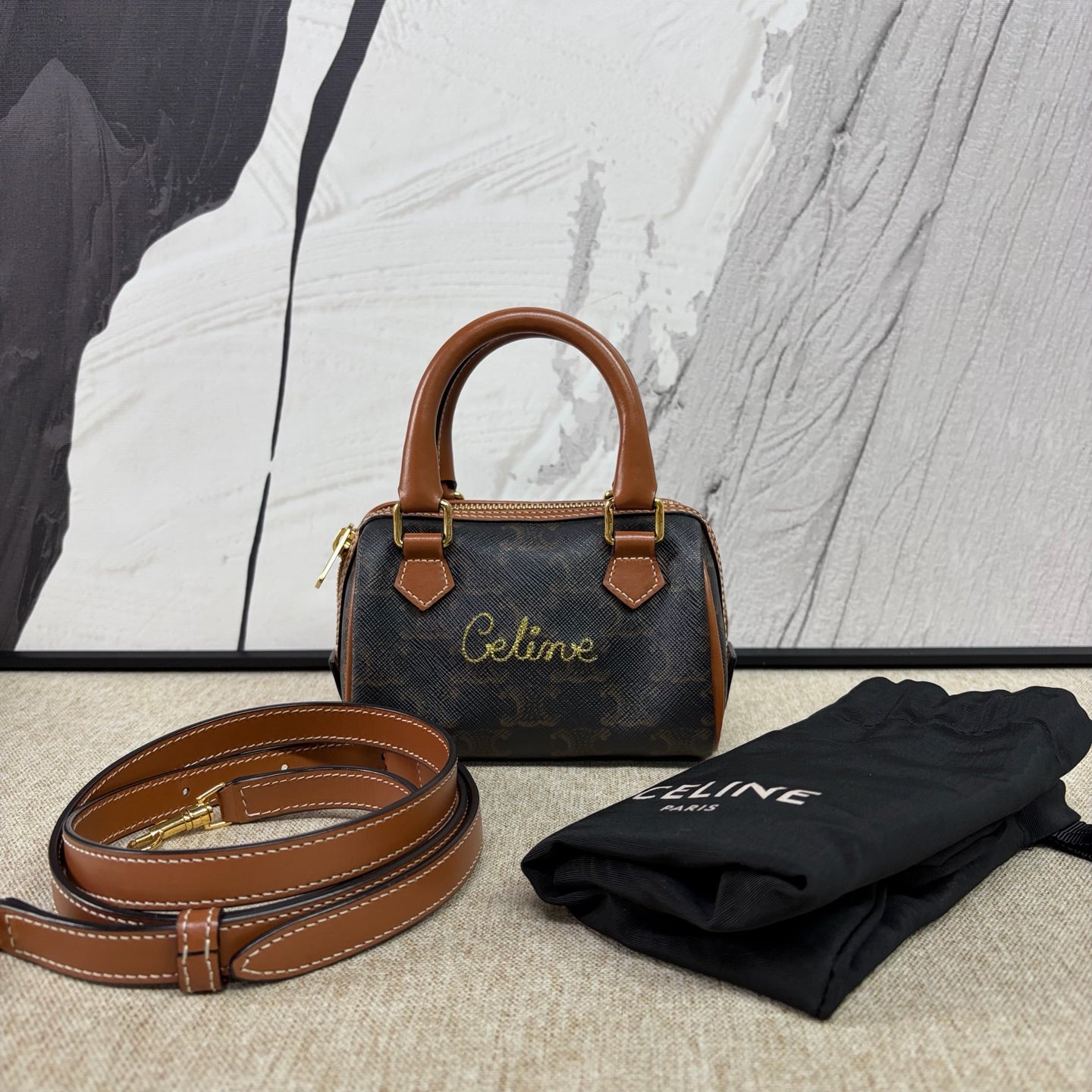 Celine - Triomphe Embroidered Mini Boston Bag - Triomphe coated canvas with leather trim - Brown - (mini)