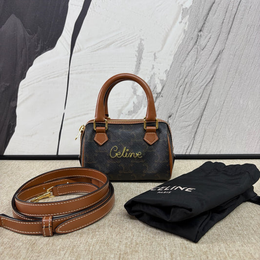 Celine - Triomphe Embroidered Mini Boston Bag - Triomphe coated canvas with leather trim - Brown - (mini)
