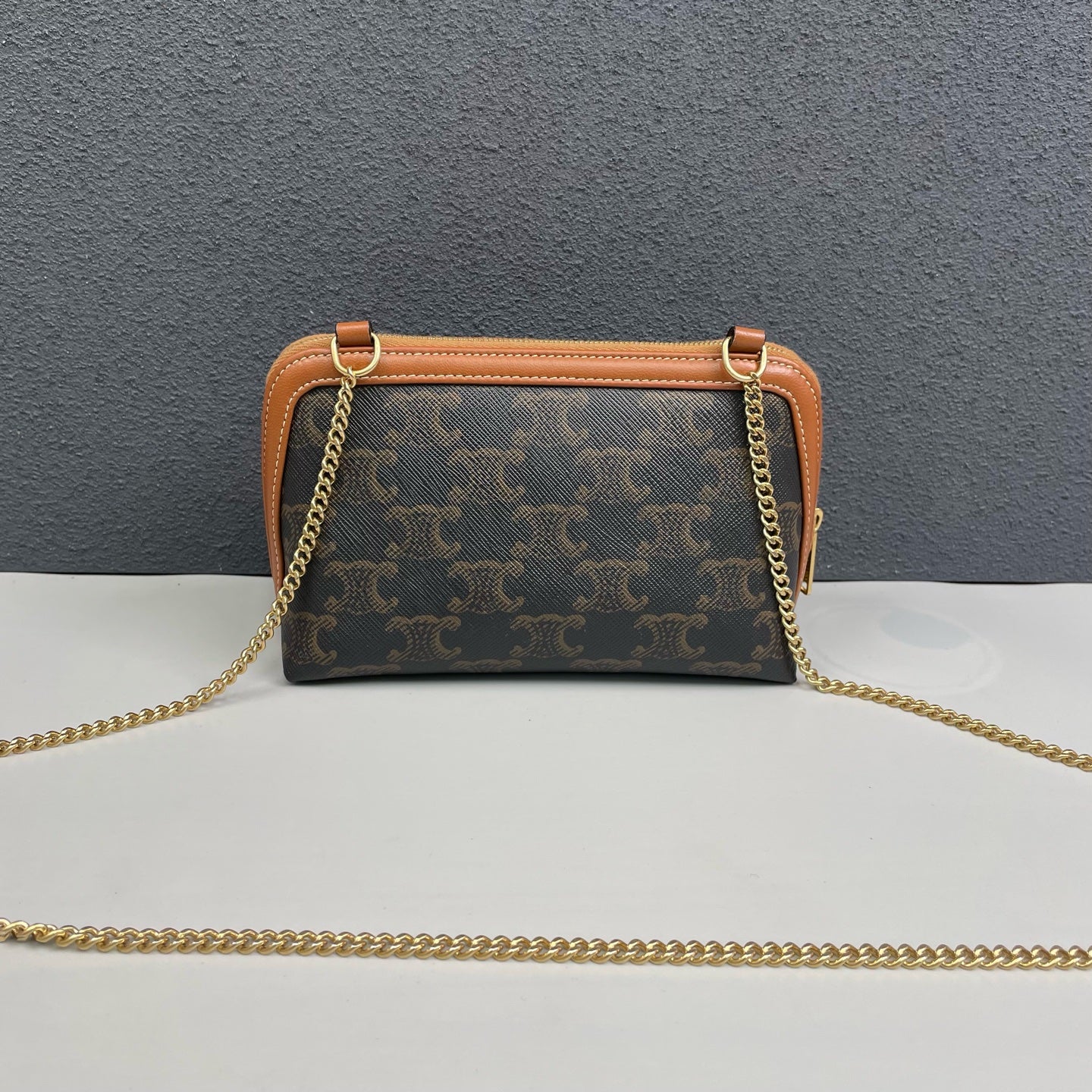 Celine - Triomphe Monogram Shell Chain Bag - Triomphe coated canvas with tan leather trim - Brown - (mini)