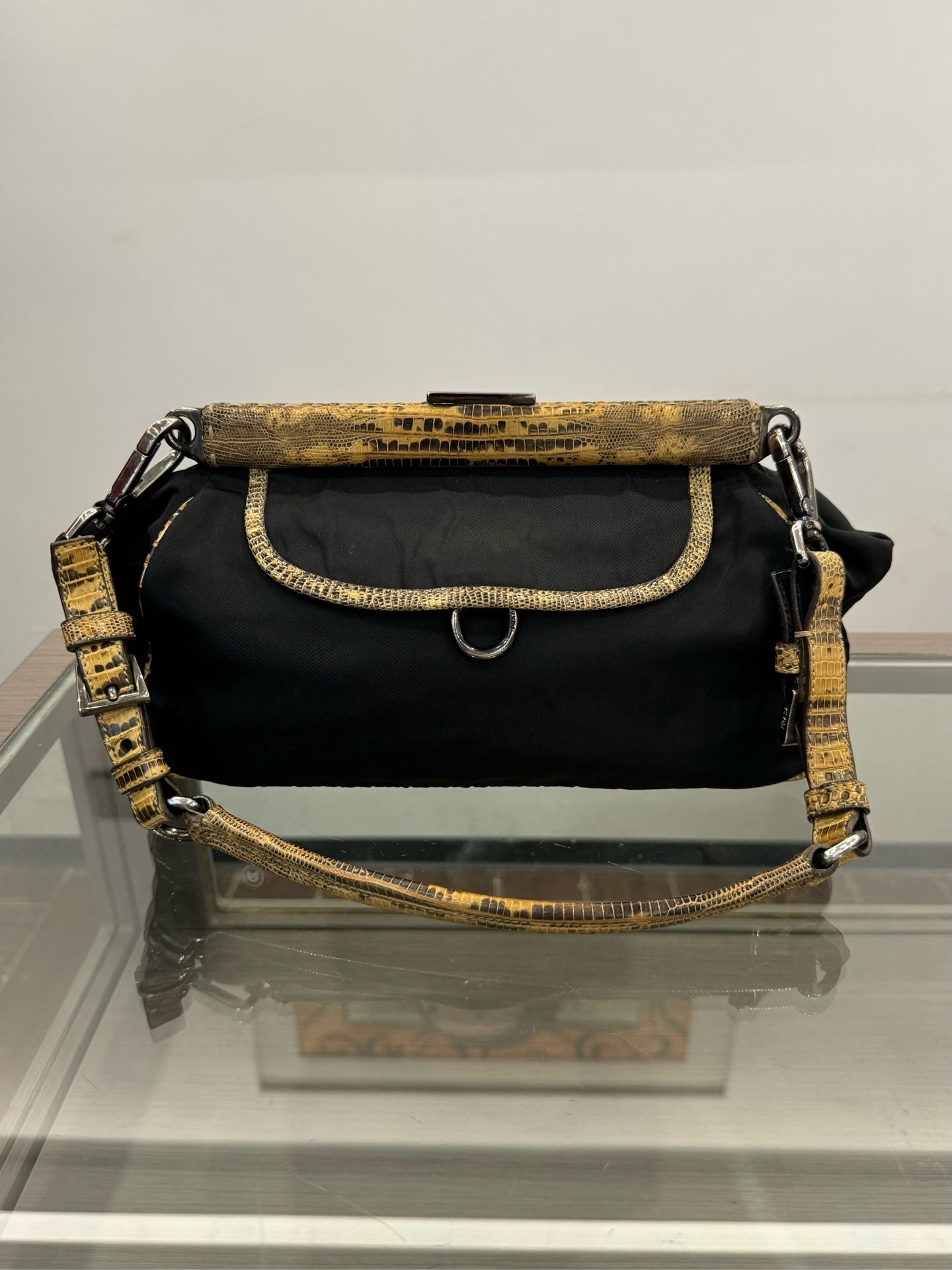 Prada - Lizard Trim Parachute Shoulder Bag - Polyamide nylon with exotic lizard leather patchwork - Black and Multicolour - (medium)