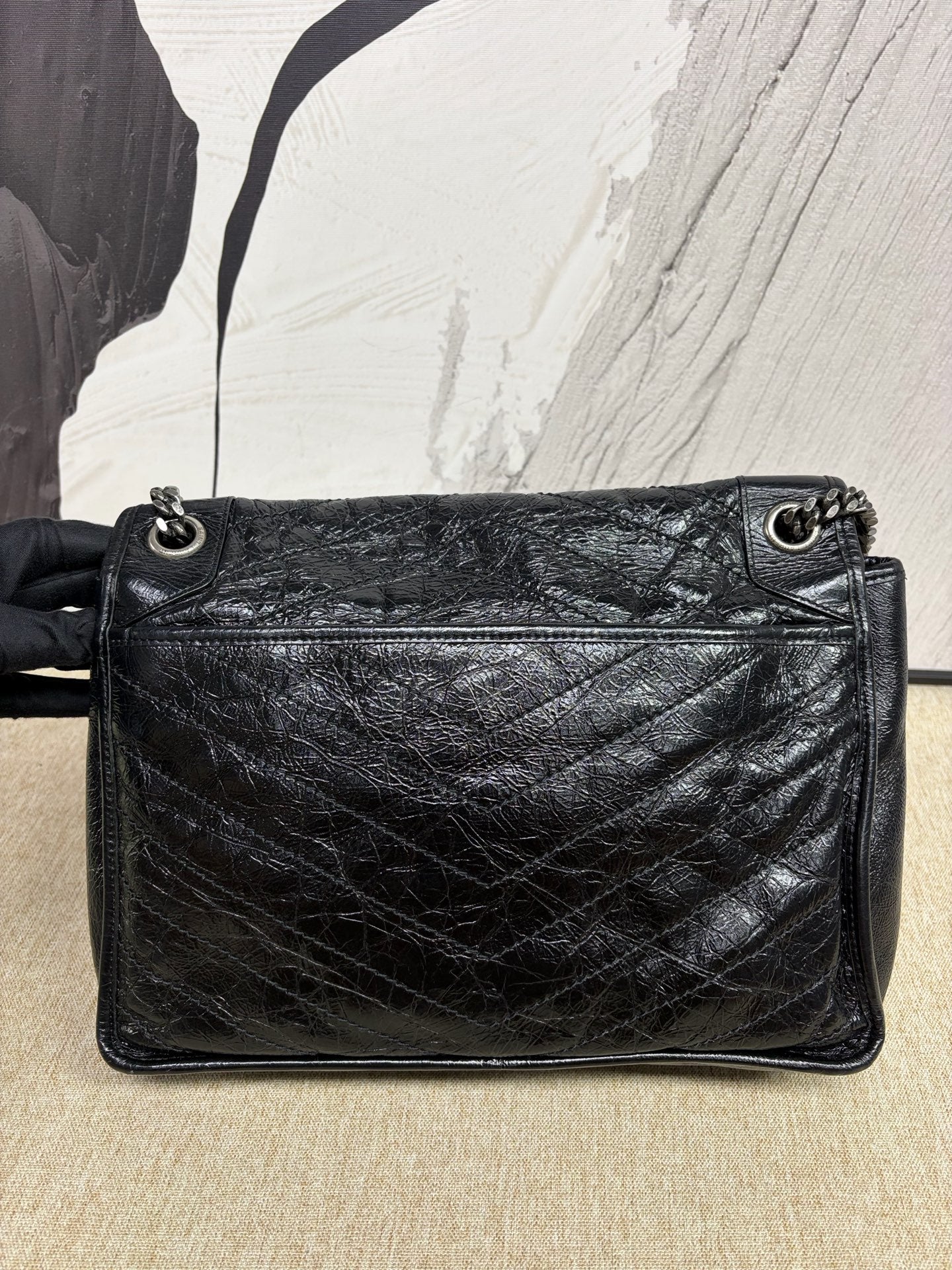 Saint Laurent - Niki Large - Oiled waxed calfskin leather - Black with Ruthenium-Tone Hardware - (Large)