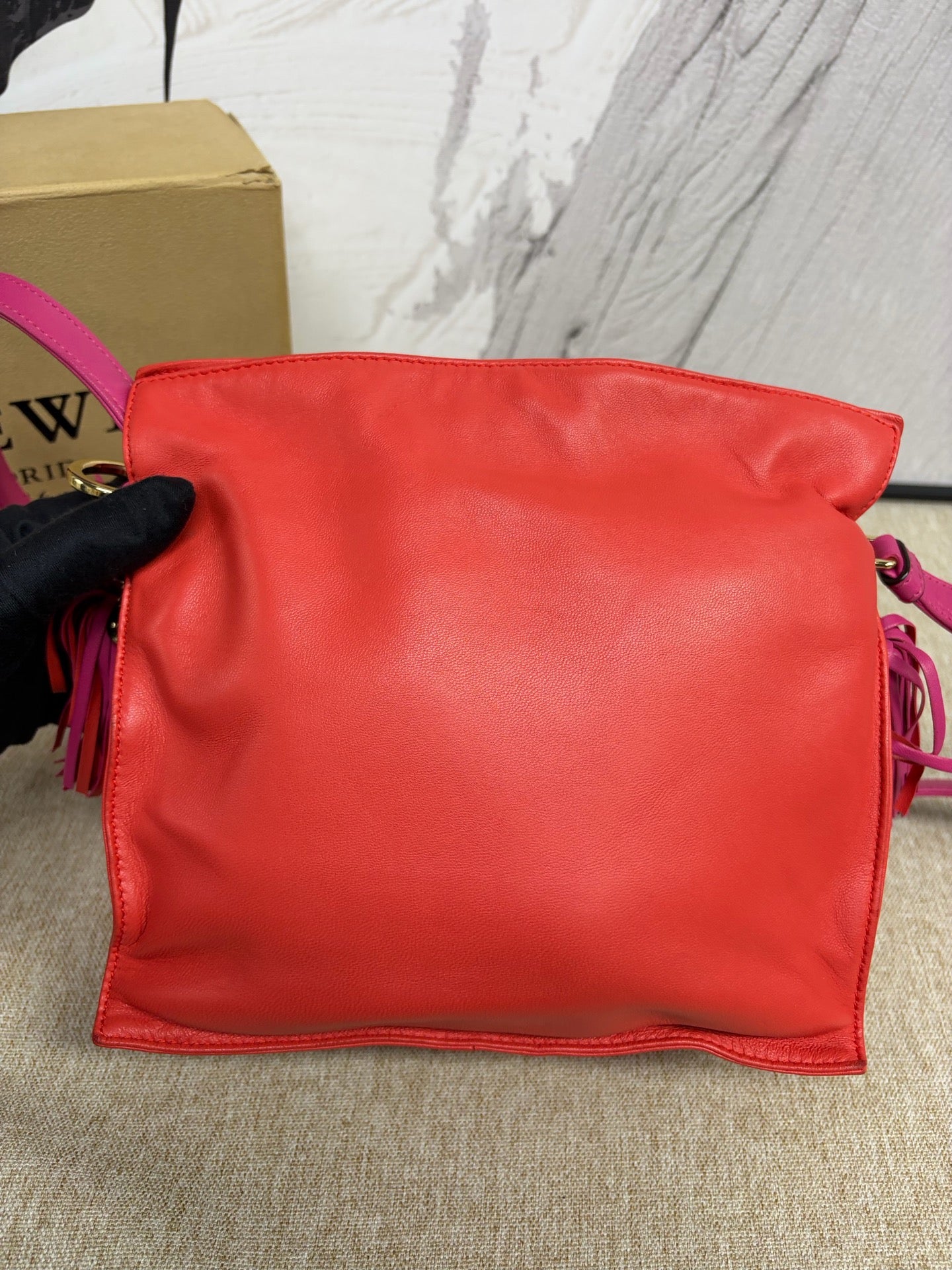 Loewe - Flamenco Tassel Drawstring Bag - Lambskin leather - Orange-Red and Rose Red - (Medium)