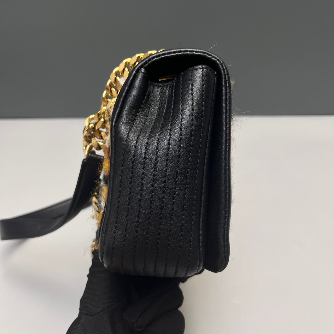 Burberry - Small Lola Bag - Black cowhide leather and multicolour wool tweed - Black - (Small)