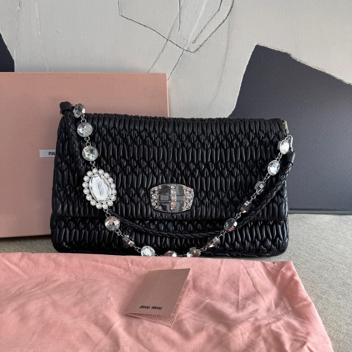 Miu Miu - Matelassé Crystal Chain Bag - Lambskin leather - Black - (Large)