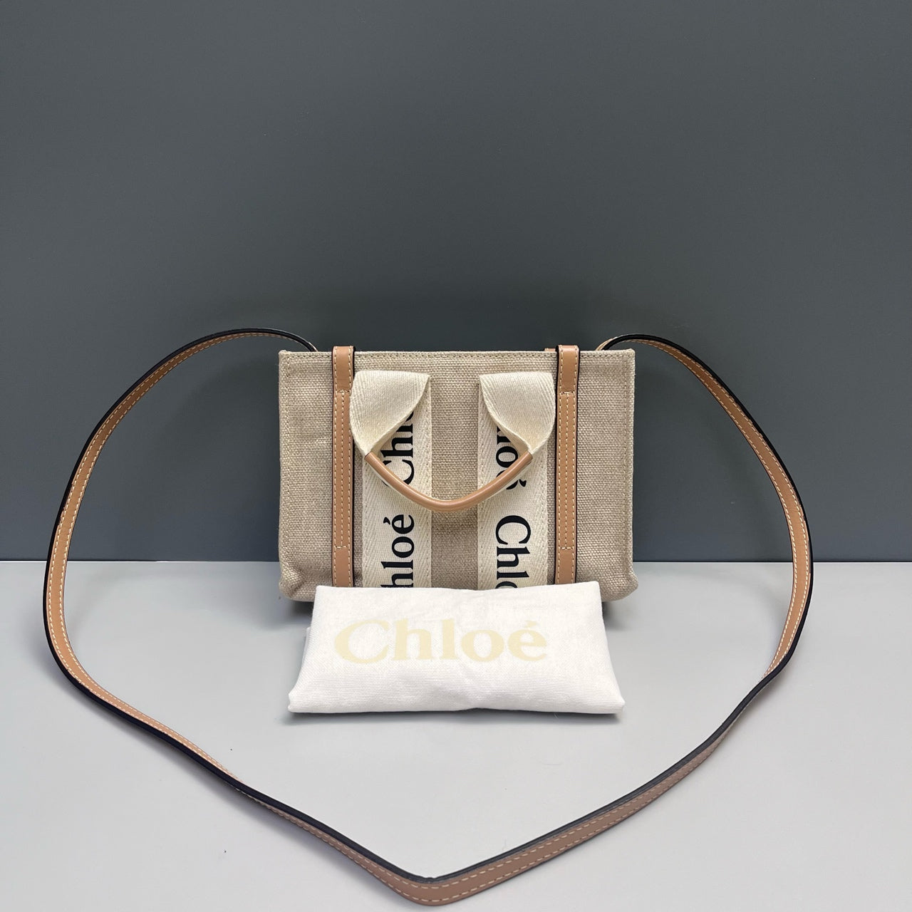Chloe - Woody Mini Tote - Canvas with Leather trim - Beige - (mini)