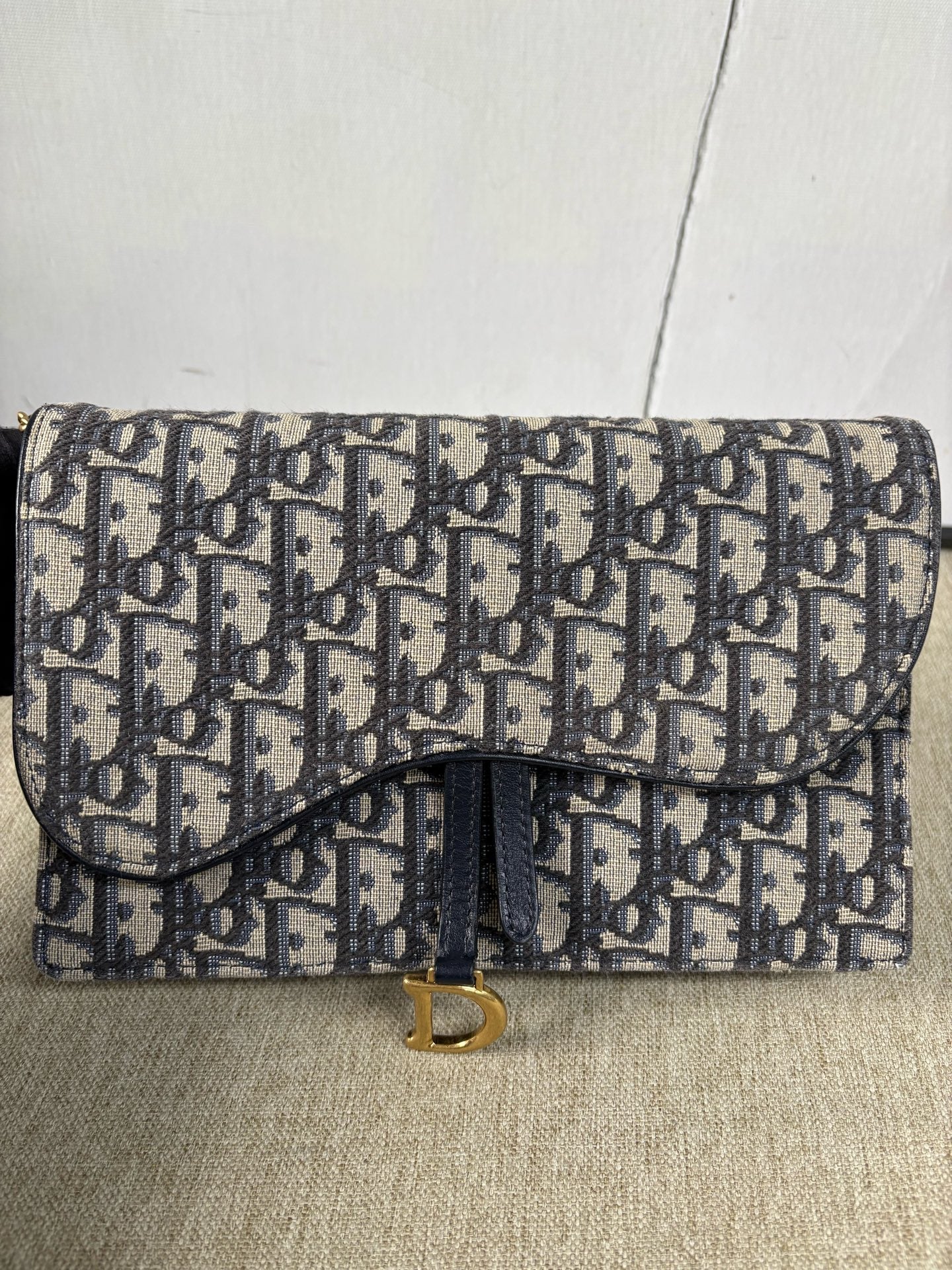 Dior - Saddle Wallet on Chain - Embroidered Oblique Canvas - Blue - (small)