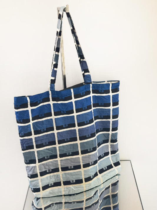 Chanel - 2-in-1 Folding Canvas Tote with Detachable Mini Flap Bag - Canvas and Grained Leather - Blue, White, and Black - (Large)