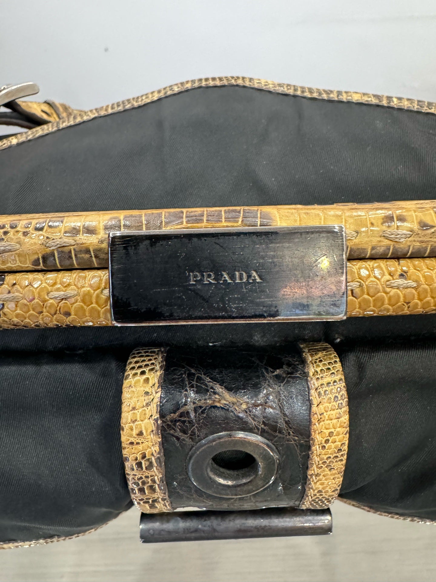Prada - Lizard Trim Parachute Shoulder Bag - Polyamide nylon with exotic lizard leather patchwork - Black and Multicolour - (medium)