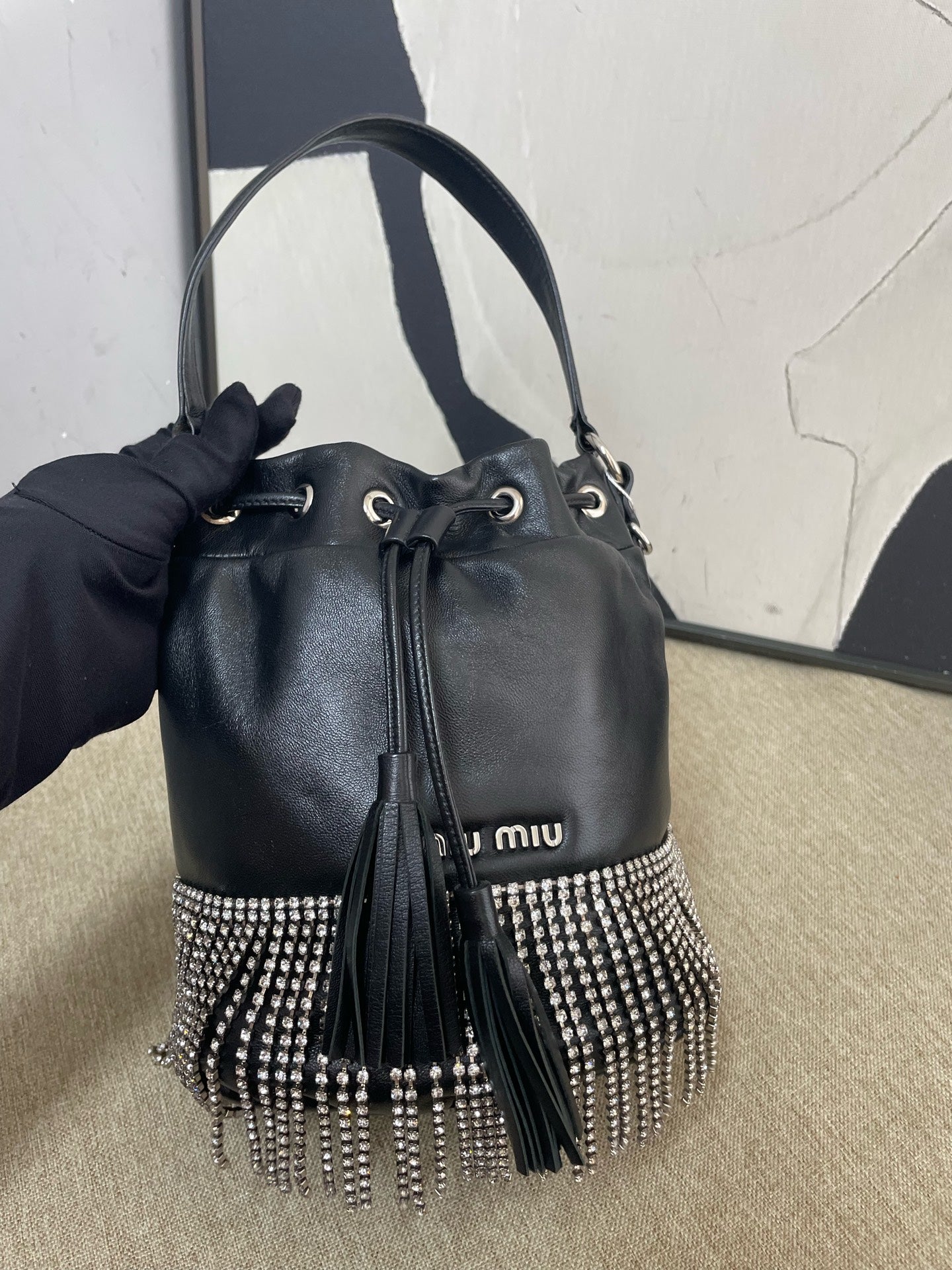 Miu Miu - Rhinestone Tassel Bucket Bag - Lambskin leather with rhinestone embellishment - Black - (mini)