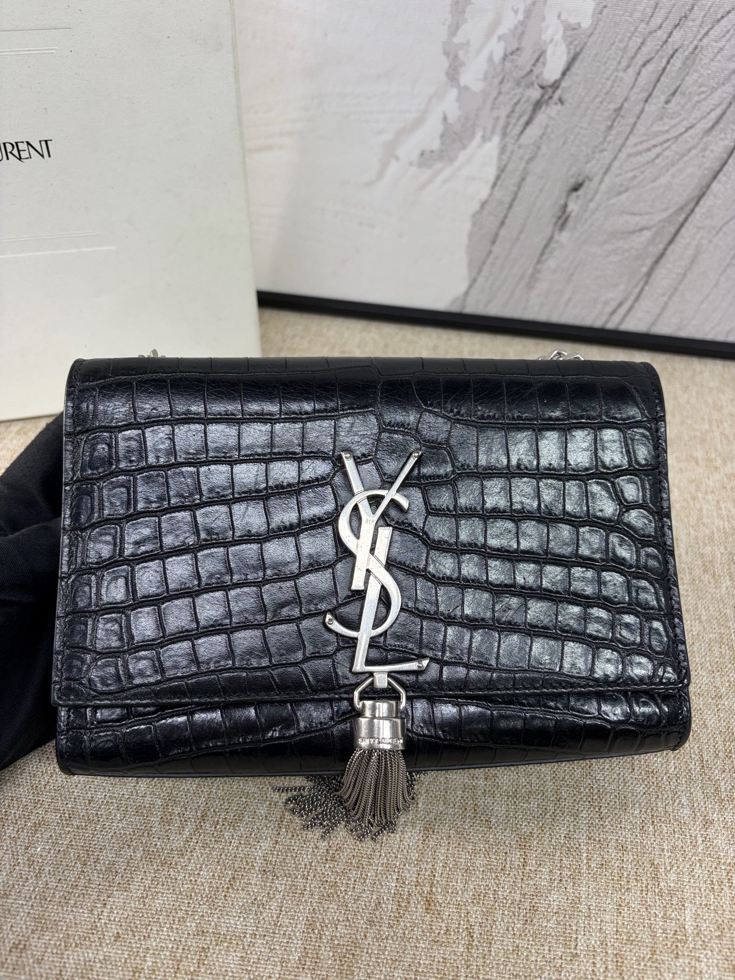 Saint Laurent - Kate Tassel Chain Bag - Calfskin leather with crocodile embossing - Black with Silver-Tone Hardware - (Small)